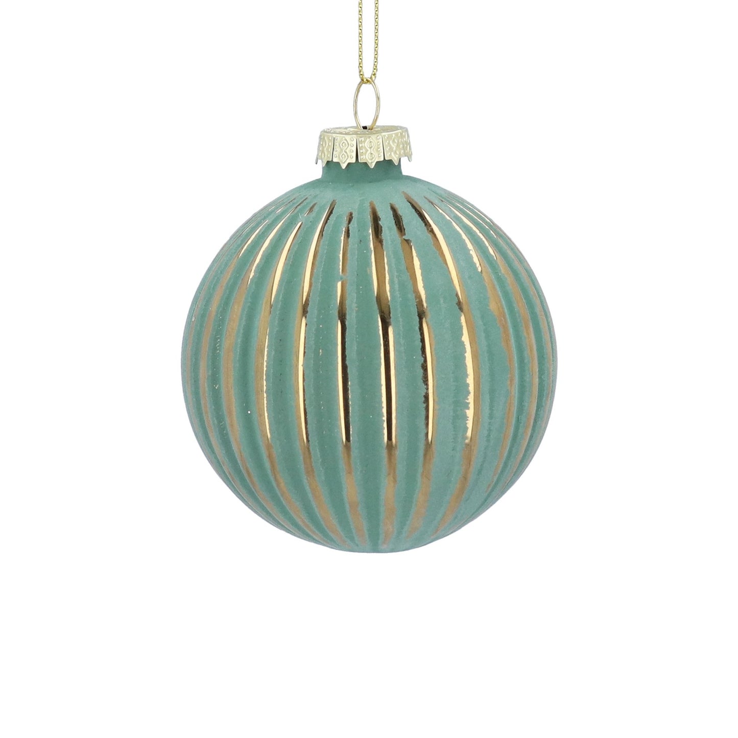 Opaque Teal & Gold Ribbed Glass Ball