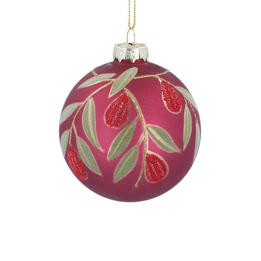 Glass Bauble | Matt Cerise with Beaded Fruit & Leaves