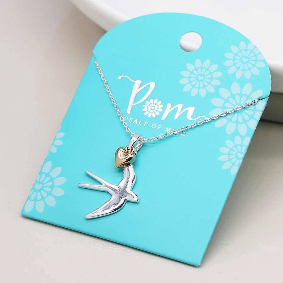 Silver Plated Swallow Necklace With Heart Charm