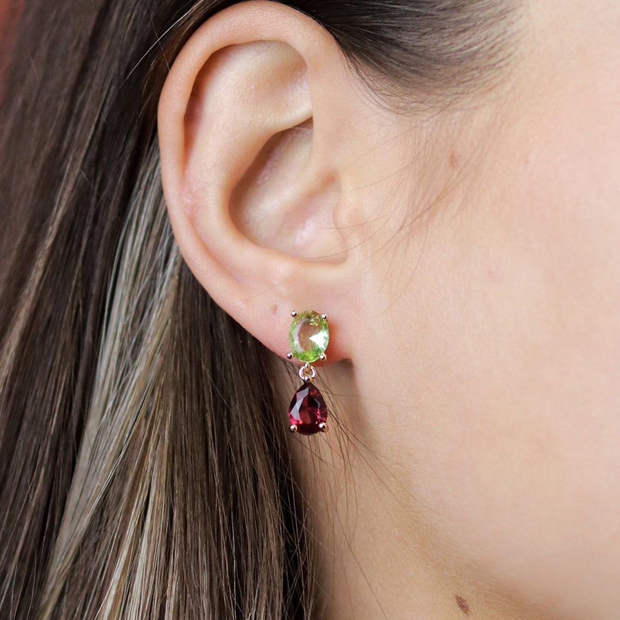 Bright Green & Cerise Crystal Double Drop Stud Earrings