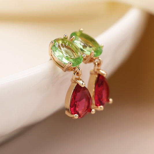 Bright Green & Cerise Crystal Double Drop Stud Earrings