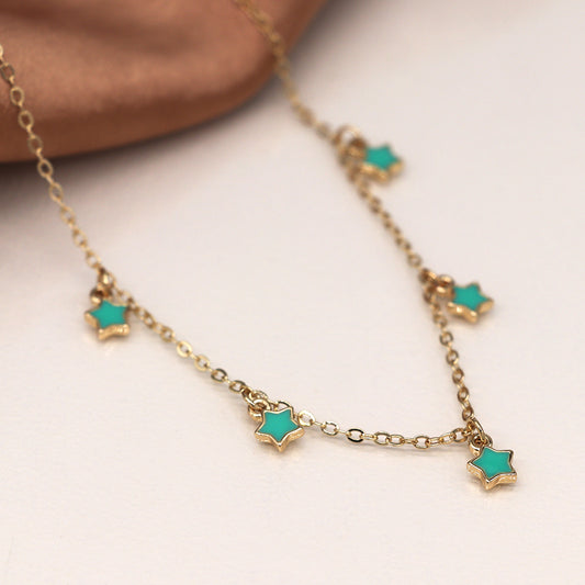 Turquoise Enamel Star Drops Faux Gold Necklace