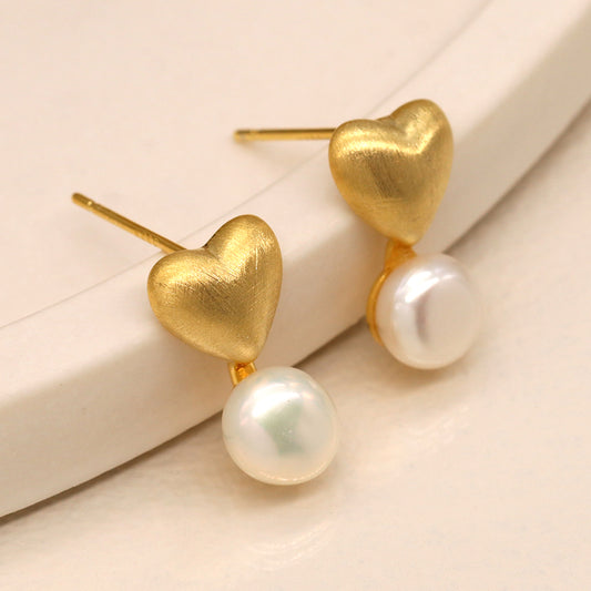 Golden Brushed Heart & Pearl Stud Earrings
