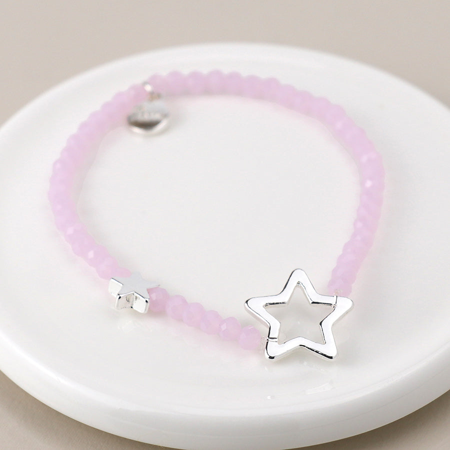 Pink Opal Colour Crystal Beads With Silver Stars