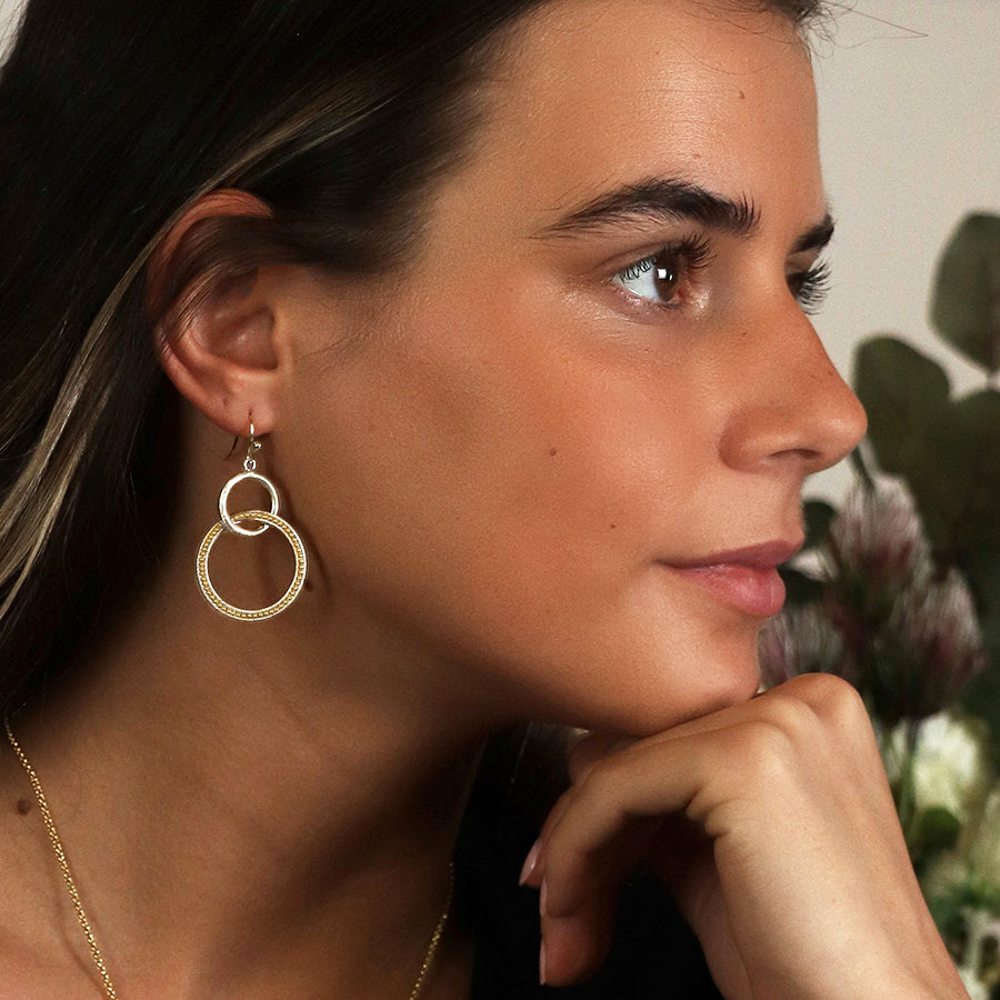Silver Plated Double Hoop Drop Earrings With Gold Dots