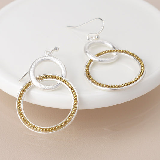 Silver Plated Double Hoop Drop Earrings With Gold Dots