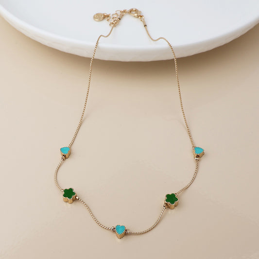 Faux Gold Green Mix Flowers Dainty Station Necklac