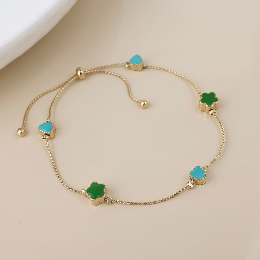 Faux Gold Green Mix Flowers Dainty Station Bracelet