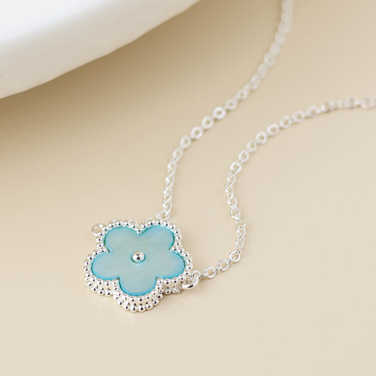 Silver Plated Blue MOP Flower Pendant Necklace