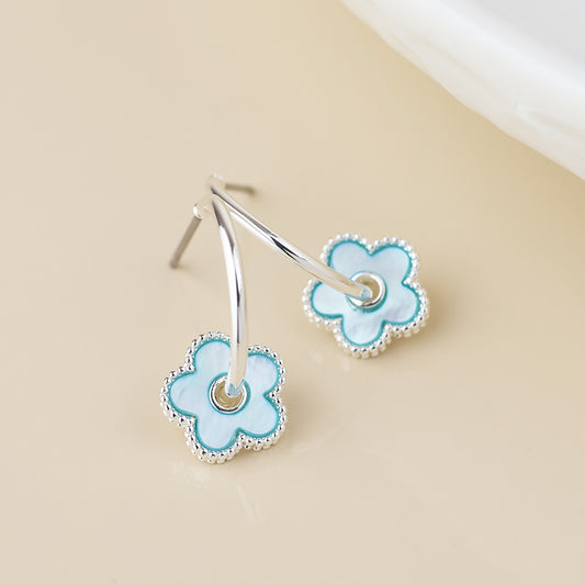 Silver Plated Blue MOP Flower Hoop Sleeper Earring