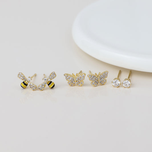 Gold Plated Butterfly & Bee Triple Pair Stud