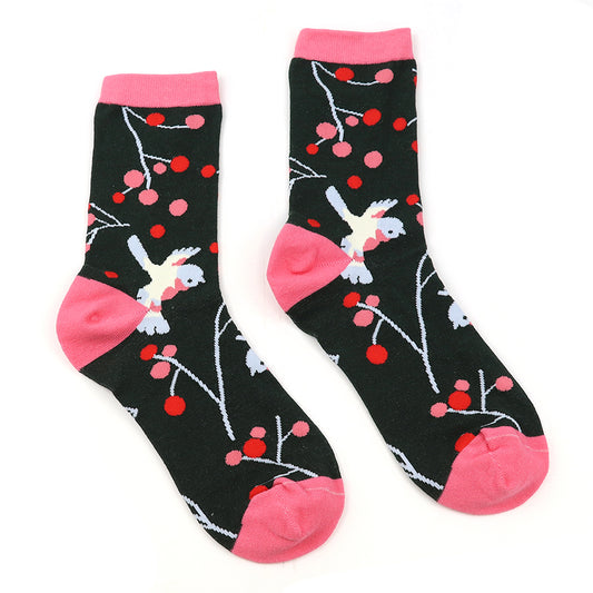 Pink/Green Cherry Bird Organic Cotton Socks UK 4-7