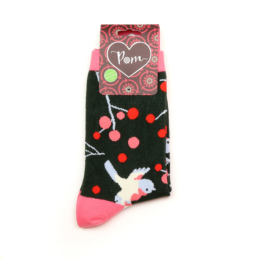 Pink/Green Cherry Bird Organic Cotton Socks UK 4-7