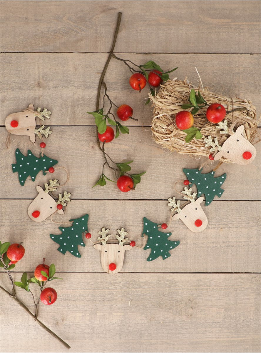 Wood Deer Head/Trees String Garland