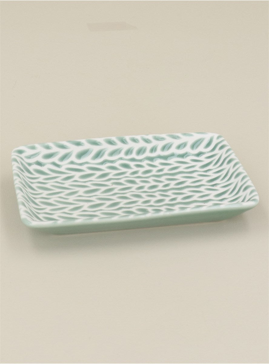 Small Green & White Porcelain Leaves Trinket Dish