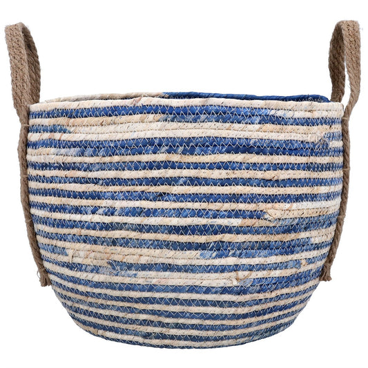 Blue Stripe Round Cornhusk Basket with Handle Basket | Lge