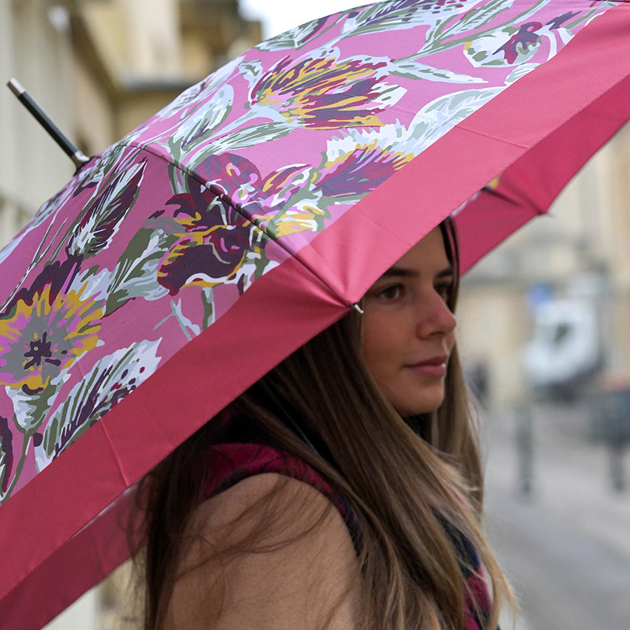 Salmon/Burgundy Botanical Print Long Handled Umbrella