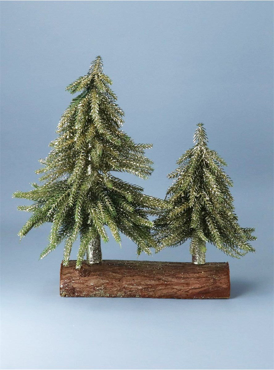 Green Fir Double Tree On Log W Gold Glitter Ornament