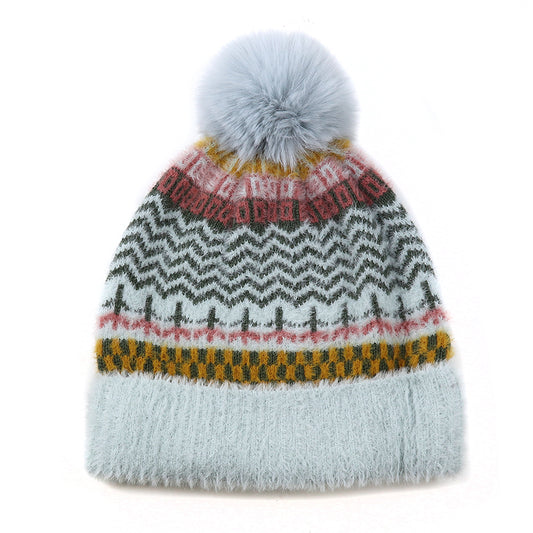 Pale Blue/Mustard Multi Pattern Hat With Pompom