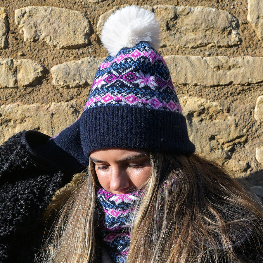 Navy Starflower Pattern Hat With Pompom