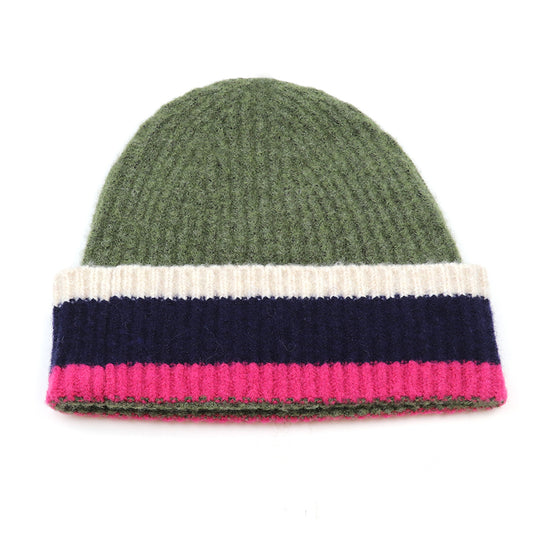 Khaki, Pink & Navy Colour Block Beanie Hat