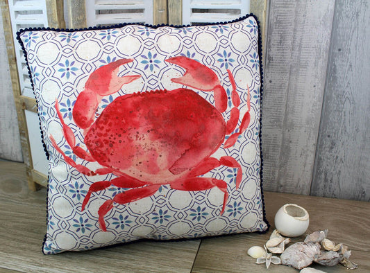 Crab Cushion With Red Crab & Blue Tiled Background