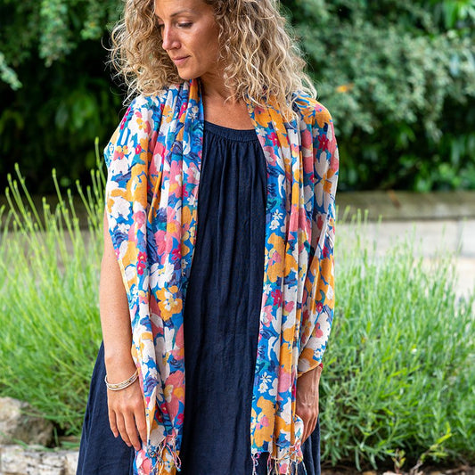 Blue and Mustard Floral Scarf with Tassels