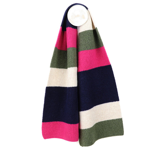 Khaki, Pink & Navy Colour Block Stripe Scarf