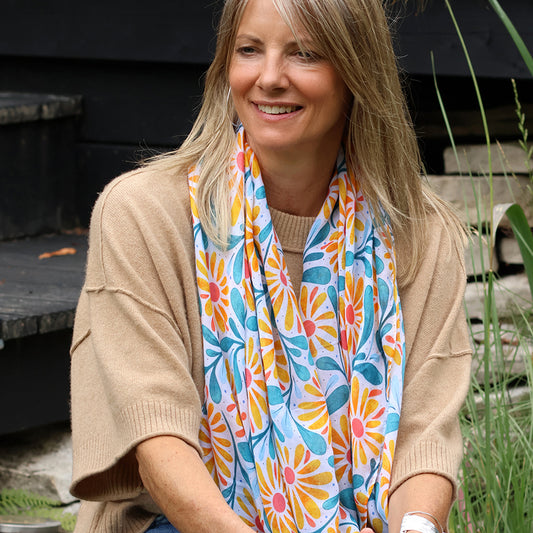 Yellow|Blue Daisies On Off White Printed Scarf