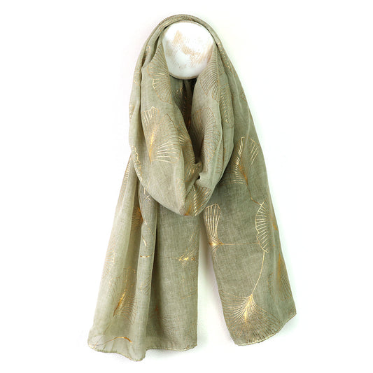 Muted Olive Green Gold Foil Ginko Leaf Scarf