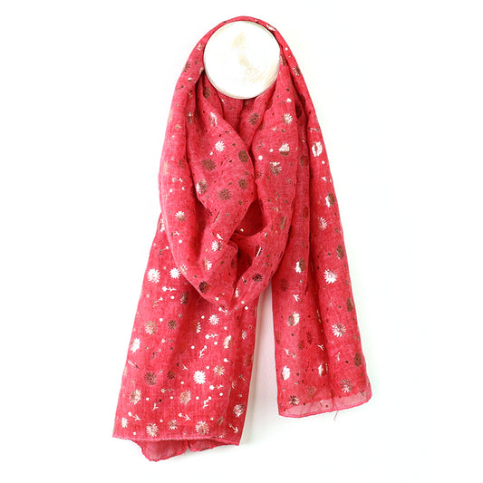 Coral Red & Rose Gold Foil Floral Print Scarf