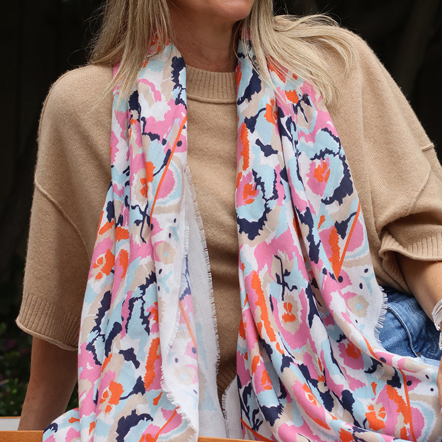 White|Coral Mix Abstract Print Recycled Poly Scarf