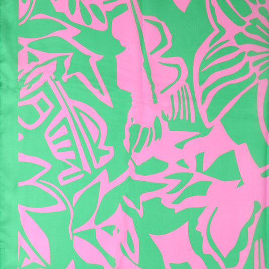 Recycled green and pink silky tropical leaf print scarf