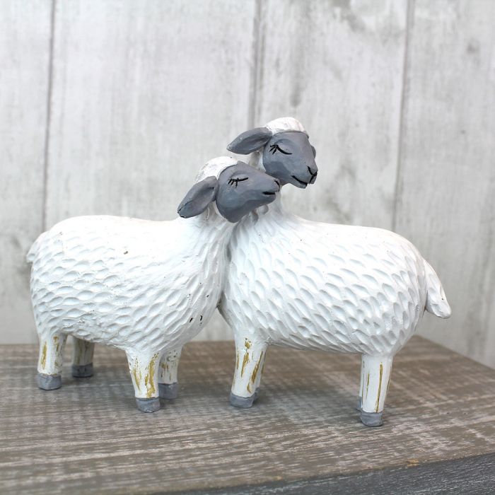 Sheep Ornament White Carved Resin With Grey Faces