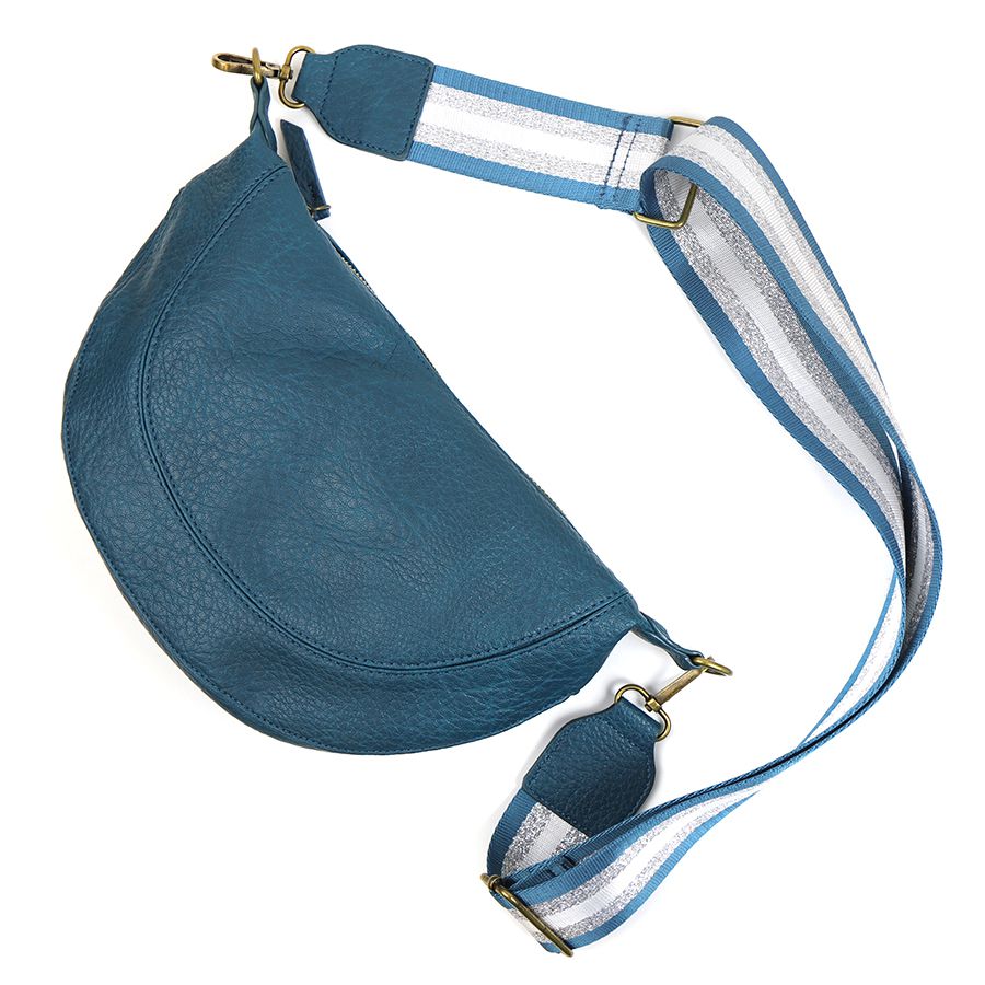 TEAL HALF MOON BAG WITH TEAL SILVER STRIPED REMOVABLE STRAP