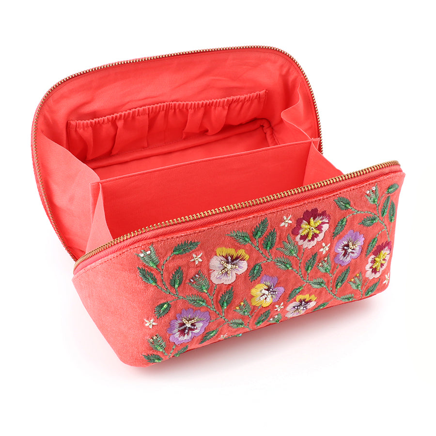 Coral Red Velvet Pansies Embroidered Fold Out Vanity Case