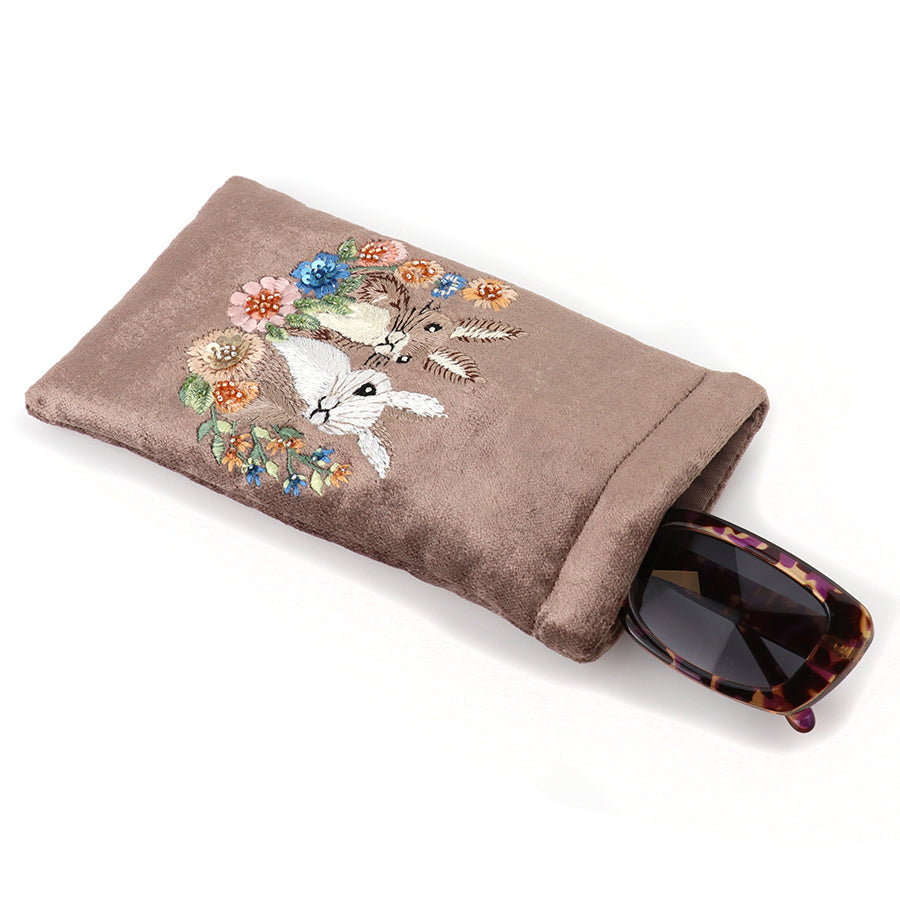 Cocoa Velvet Meadow Bunnies Embroidered Glasses Case