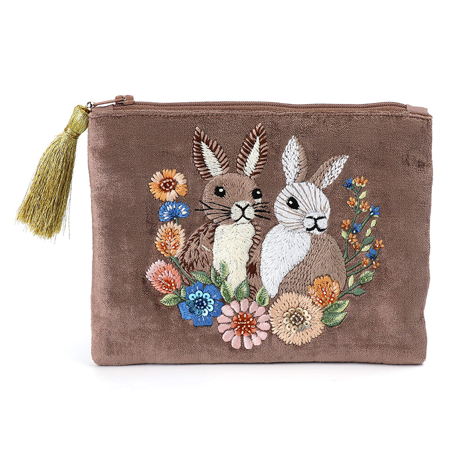 Cocoa Velvet Meadow Bunnies Embroidered Zip Purse/