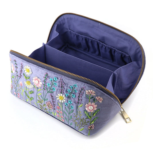 Lilac Blue Velvet Flower Meadow Embroidered Fold Out Vanity Case