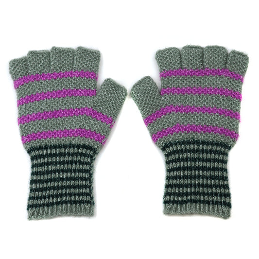 Sage Green & Purple Stripe Fingerless Gloves