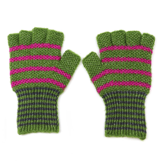 Olive Green & Pink Stripe Fingerless Gloves