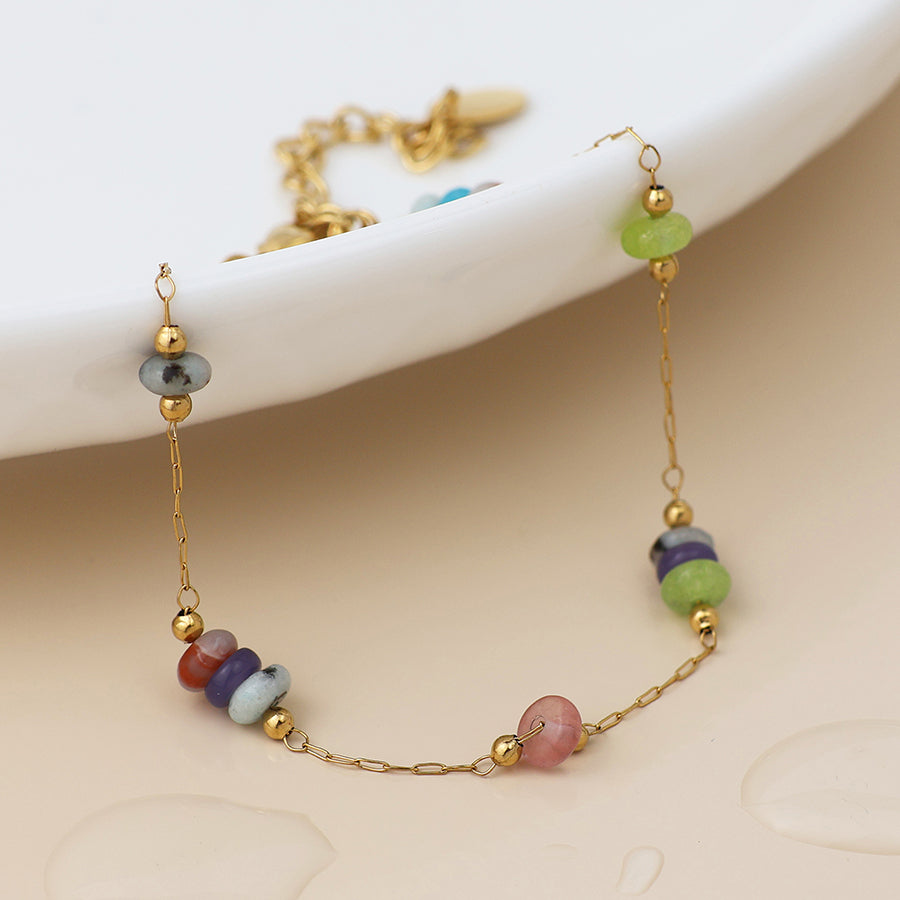 Gold Plated Stainless Steel Bracelet With Coloured Beads