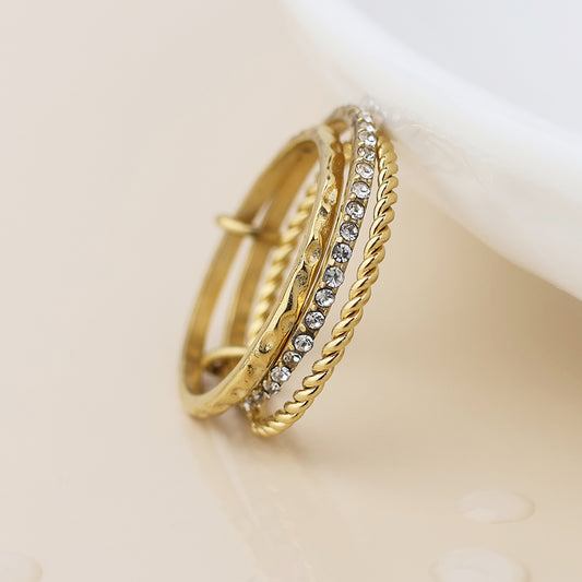 Gold Plated Stainless Triple Ring Stack With Inset Crystals