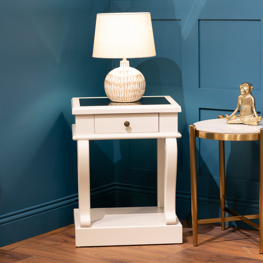 Scroll Ivory End Table 1 Drawer With Mirror Top