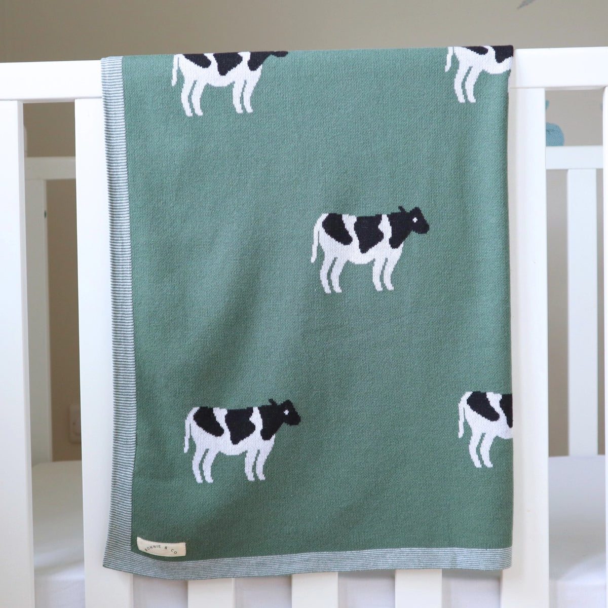 Knitted Baby Blanket | Cow | Bottle Green