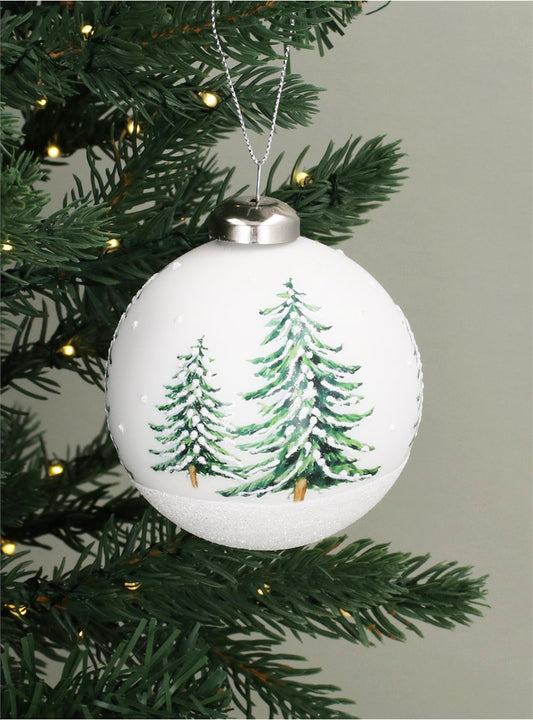 Bauble | Matt White Glass Ball With Printed Fir Trees