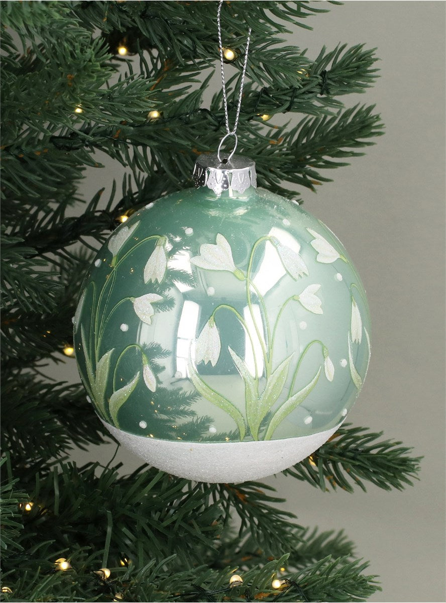 Bauble | Shiny Sage Green/Iridescent Glitter With Snowdrops Glass