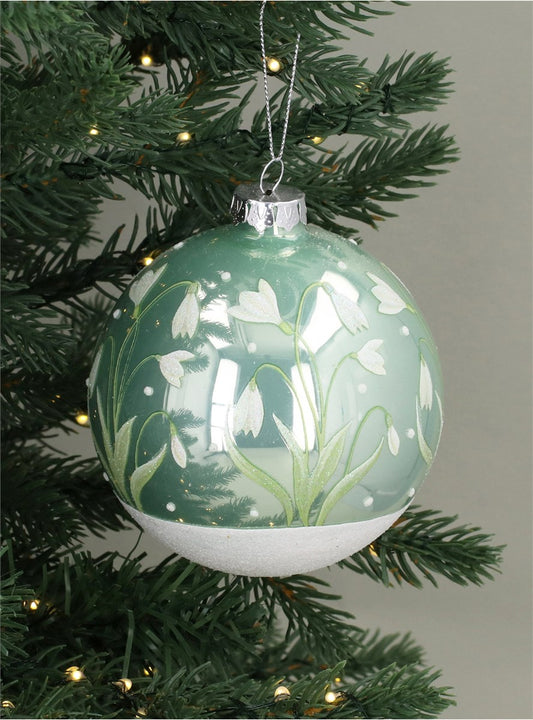 Bauble | Shiny Sage Green/Iridescent Glitter With Snowdrops Glass