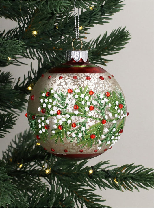 Bauble | Antique White Glass Ball With Red/White Berry
