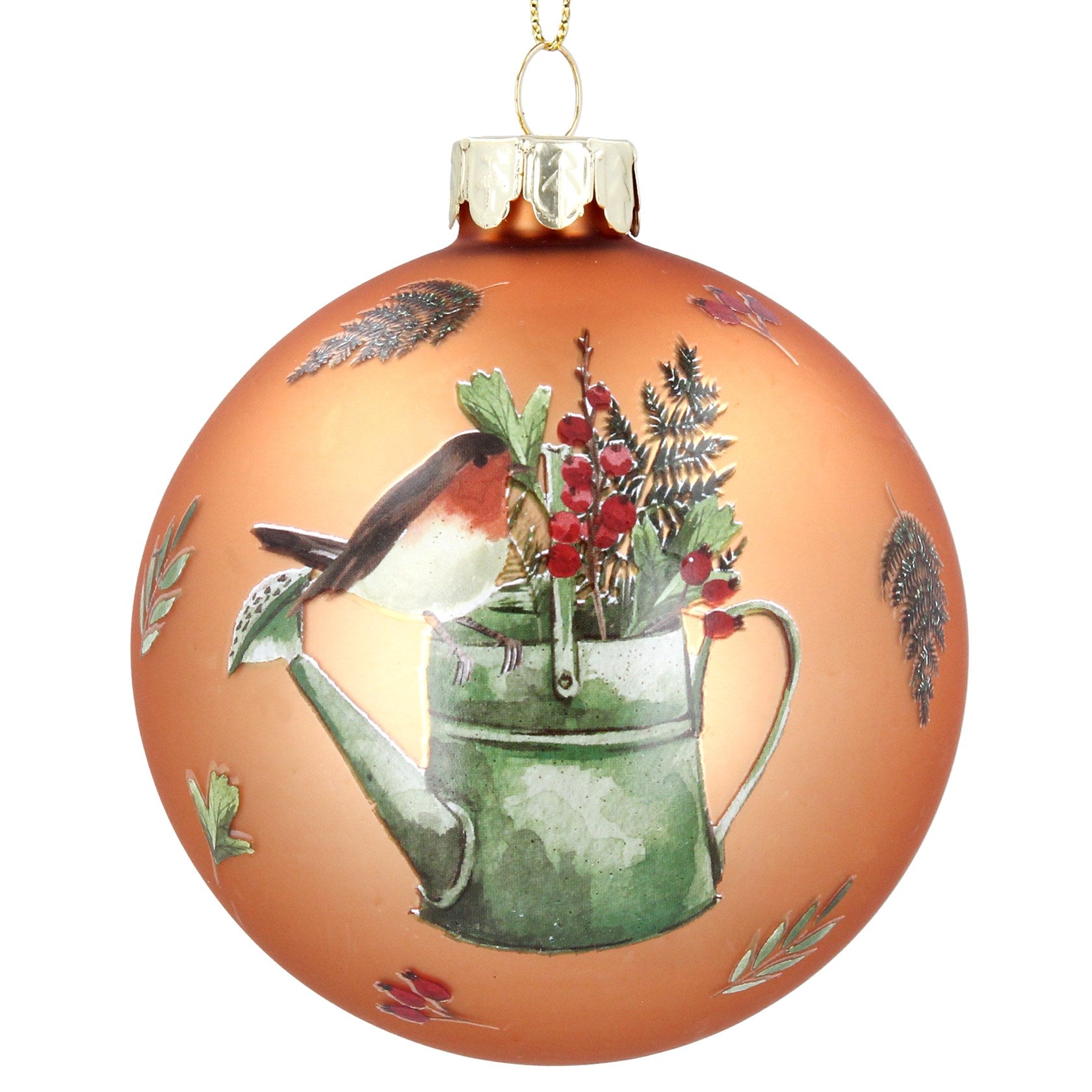 Glass Bauble | Robin on Watering Can | Copper